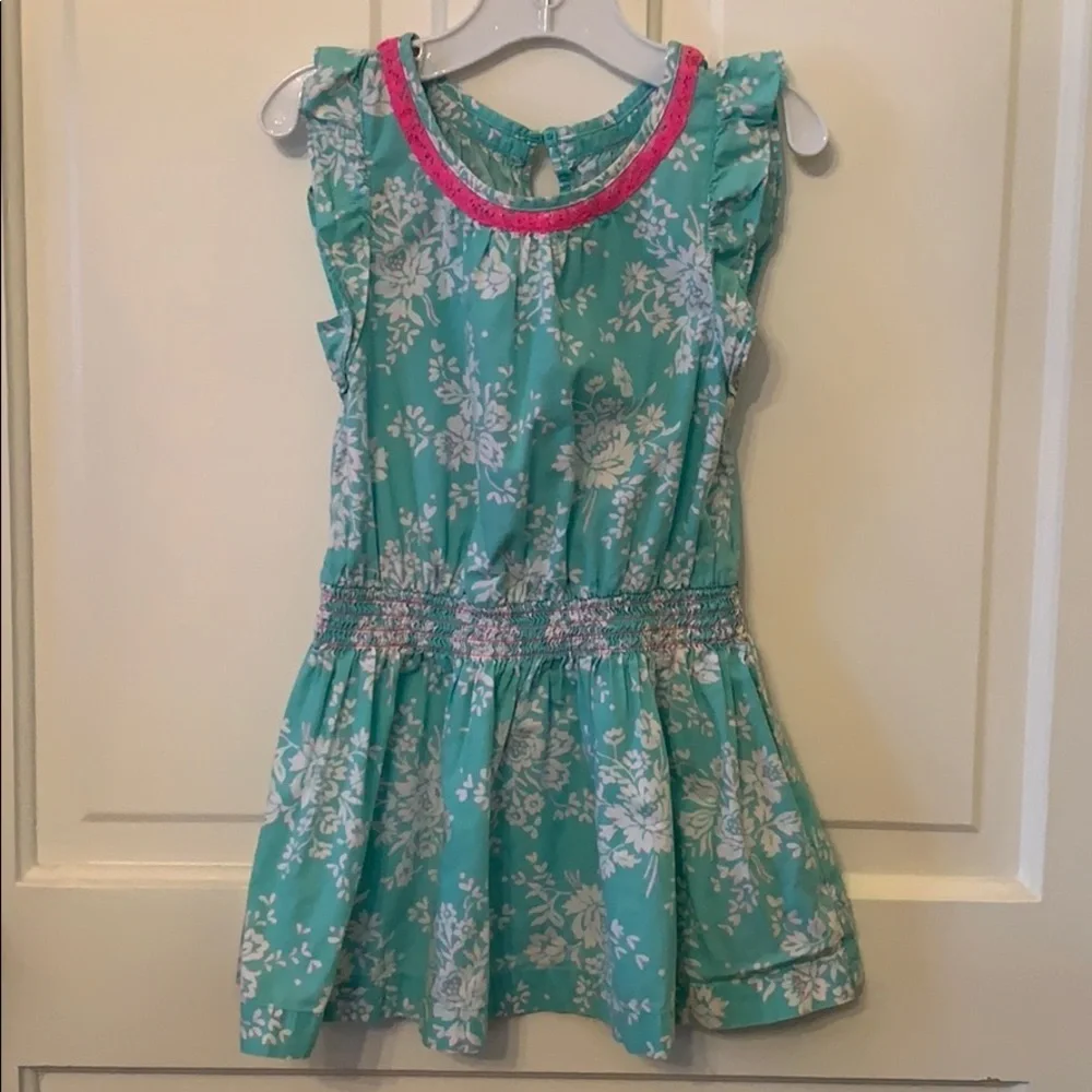 Girls Green Floral Dress 4T Pink Trim Lightweight Cotton Casual Toddler Dress